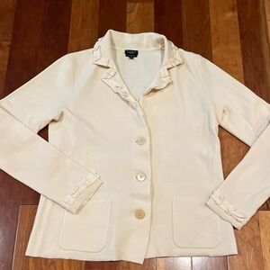 Talbots Medium Cream Blazer with Ruffle Detail Button Up Merino Wool Chic Fall